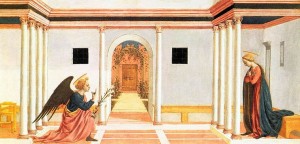 Domenico Veneziano: Annunciazione, Fitzwilliam Museum, anno 1445, 27 x 54 cm., Cambridge, United Kingdom